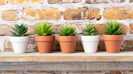 Lush cactus and succulent plants adorning pots, set against a rustic brick wall, creating a vibrant green aesthetic.