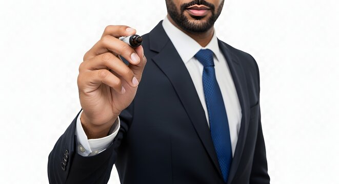 Professional businessman in a dark suit holding a marker and writing on a virtual transparent board isolated on white.