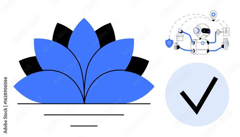 Poster blue lotus flower symbolizing balance and harmony, robot performing ai tasks, and a checkmark for su