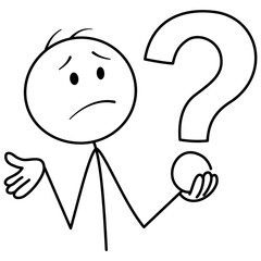 Confused person holding question mark, seeking answers. Cartoon vector stick figure illustration. Perfect for FAQ, help topics or uncertainty concepts.