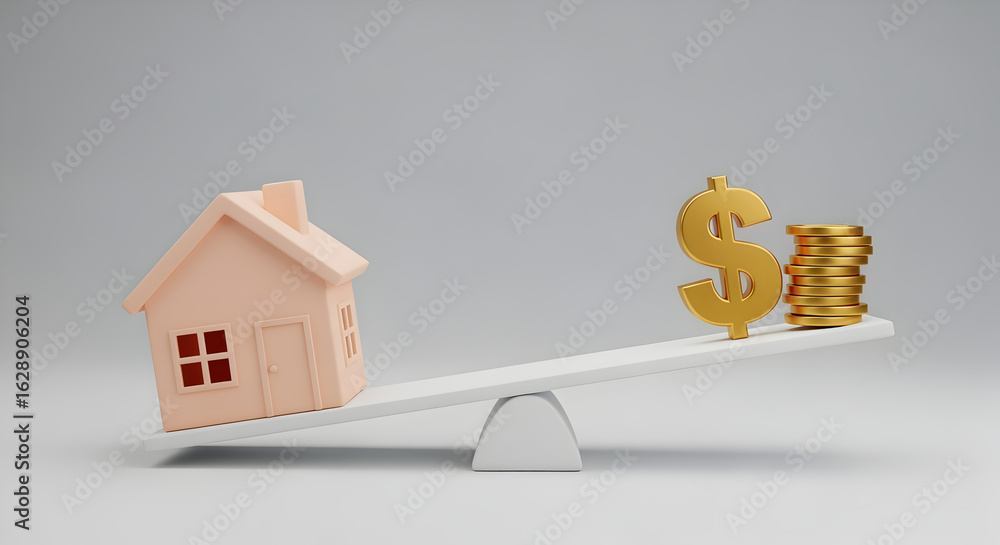 Poster symbolic balance of house value against currency a conceptual image of scale displaying financial eq