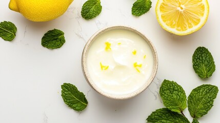 Fresh Lemon Zest Cleanser on White Background with Mint Leaves