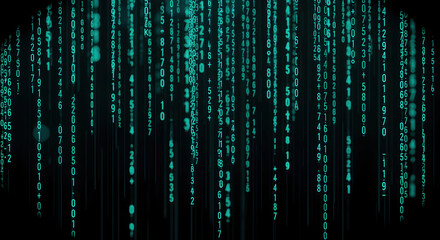 Teal Digital Rain Abstract Background with Cascading Numbers and Letters for Modern Technology and Cyberpunk Themes