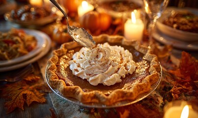 Fototapeta premium Tarte à la citrouille garnie de crème fouettée, décor festif