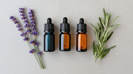 Essential Oils Flat Lay with Lavender and Herbal Elements for Wellness
