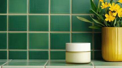 Skincare Cream with Green Tea on Countertop with Yellow Flowers