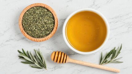 Flat Lay of Green Tea Leaf and Honey on Marble Surface in Natural Light