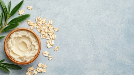 Cream with Oatmeal and Leaves on Light Blue Background
