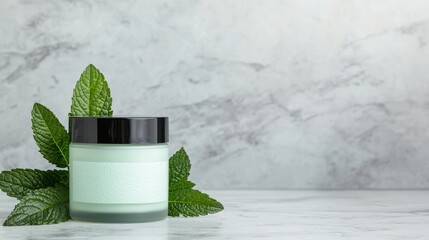 Natural Skincare Cream in a Transparent Jar with Mint Leaves on Marble