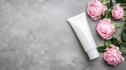 Skincare Cream with Rose Oil on Gray Background Surrounded by Flowers