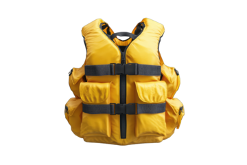 Bright yellow life vest, front view, showing adjustable straps and pockets