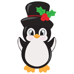 Cute little baby penguin in a top hat vector cartoon illustration