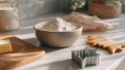 Fototapeta premium Holiday Baking: Flour, butter, cut-out cookies and festive cutter on a light marble counter.