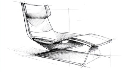 Detailed sketch of modern, minimalist lounge chair in grayscale with perspective lines
