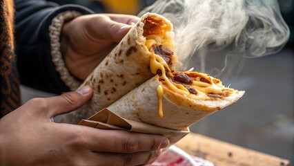 Obraz premium Close up of hands holding a steaming burrito filled with meat and melted cheese outside on a sunny day