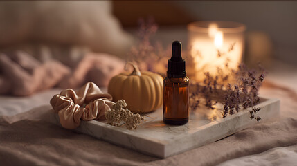 Still life with autumn and spa elements: essential oil, candle, pumpkin, flowers, and soft fabric.