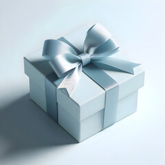 Obraz premium Pale blue gift box with a matching blue ribbon in a delicate bow, placed on a smooth white surface, minimal shadows, clean and calm aesthetic 