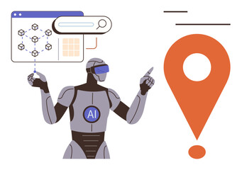 Robot with AI badge utilizing a digital interface to analyze data patterns and identify locations. Ideal for artificial intelligence, data, tech innovation, robotics, automation, innovation