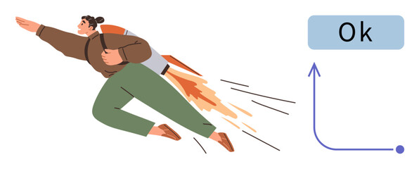 Person with jetpack soaring upward past growth chart for success, inspiration, ambition, development, career growth. Ideal for goal setting, motivation, leadership, innovation personal development