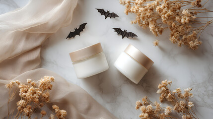 Halloween skincare layout featuring cream jars, dried flowers, and bat decorations on a marble surface.