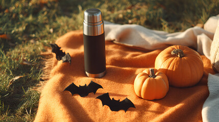 Autumn picnic setup with pumpkins, bat cutouts, and a thermos on an orange blanket in a grassy area.