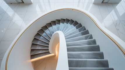 A spiral staircase with gray steps and a white railing from above view point