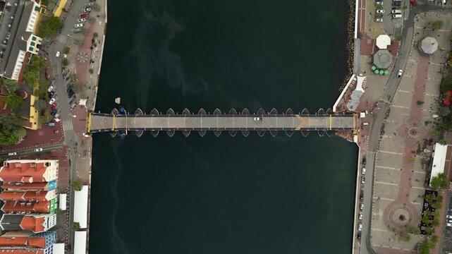 Drone shot of the iconic Queen Emma floating bridge connecting Punda and Otrobanda in Willemstad, Cura&ccedil;ao, under bright daylight. Perfect for travel and cityscape footage