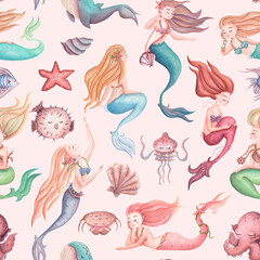 Delicate watercolor pattern in pink, peach with mermaids, shells, fish and seaweed. Seamless watercolor pattern for kids on the theme of sea life.