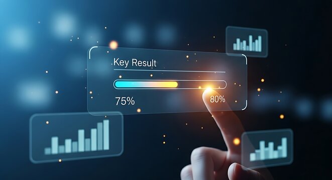 Weekly OKR check-in. A close-up of a finger updating a progress bar for a Key Result on a simple dashboard interface from 75% to 80%.