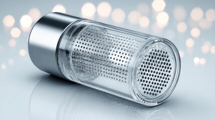 Cylindrical filter device with a clear casing and metallic accents