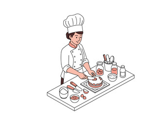 Professional Chef Preparing Gourmet Dish in Modern Kitchen with Fresh Ingredients