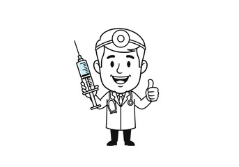 Smiling Doctor Giving Thumbs Up while Holding a Syringe in a Cartoon Style Illustration