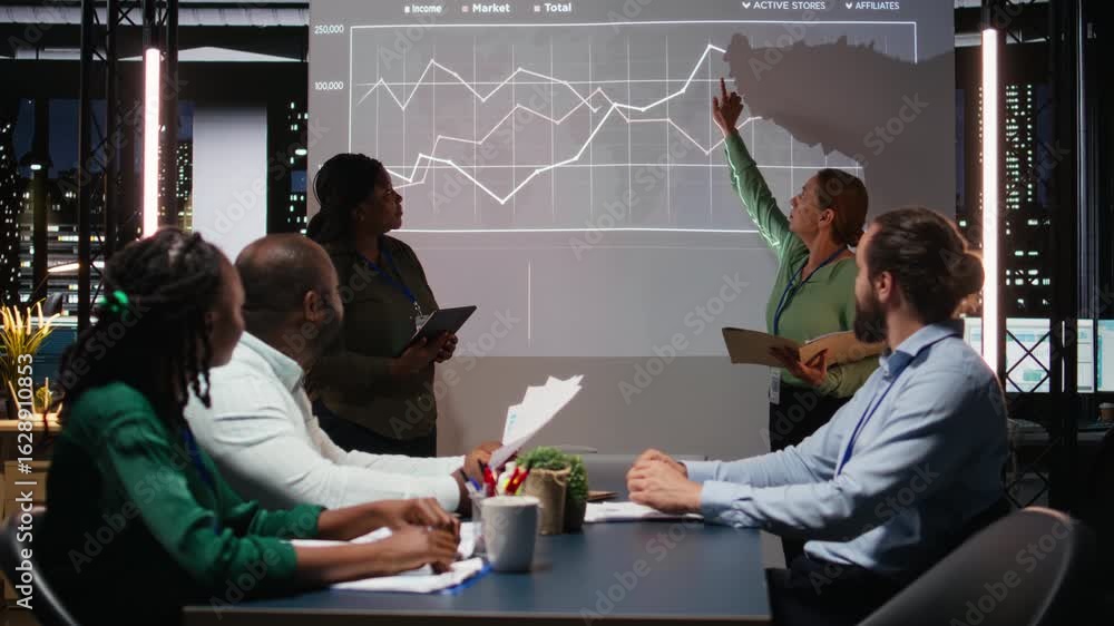 Poster multiethnic experts team evaluating data performance metrics on projection board, reviewing data ins
