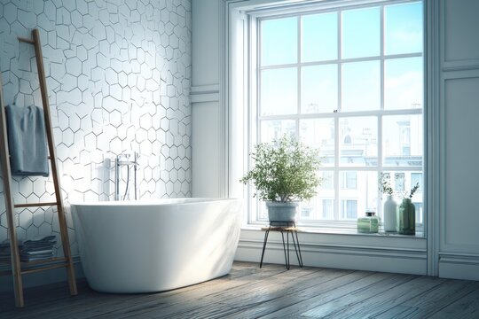 Bright, modern bathroom with large window