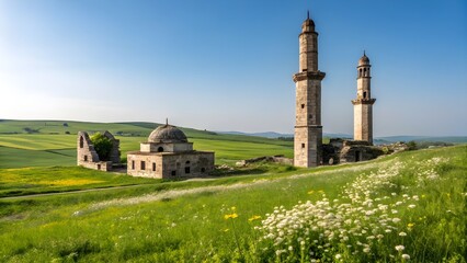 Ancient ruined mosque with tall minarets standing on a green grassy hill under a clear blue sky