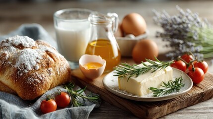 Rustic Bakery Scene with Bread, Butter, Eggs, and Herbs