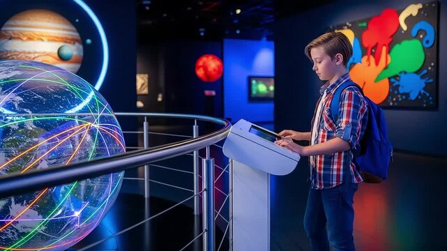 A young boy with a backpack interacts with a glowing digital globe exhibit at a science museum
