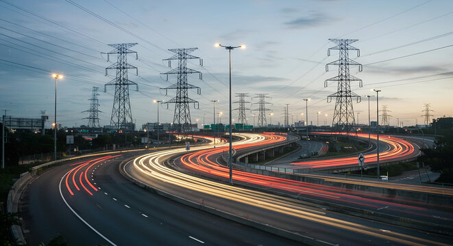 Dynamic Night Traffic Flow on Urban Highway with Illuminated Power Lines and Motion Blur in Evening Sky