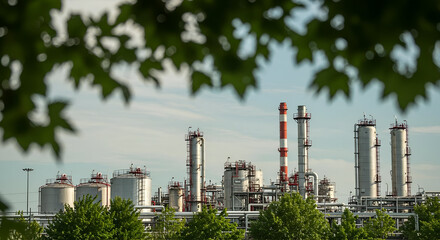 Obraz premium Industrial Oil and Gas Refinery Plant with Smoke Stacks Surrounded by Lush Green Leaves and a Clear Blue Sky