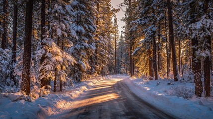 A snow-covered road winds through a sunlit forest with trees heavily laden with fresh snow