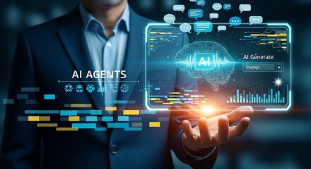 Businessman interacting with futuristic ai agents and holographic data display