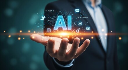 Businessman holding glowing ai technology with digital icons and data streams
