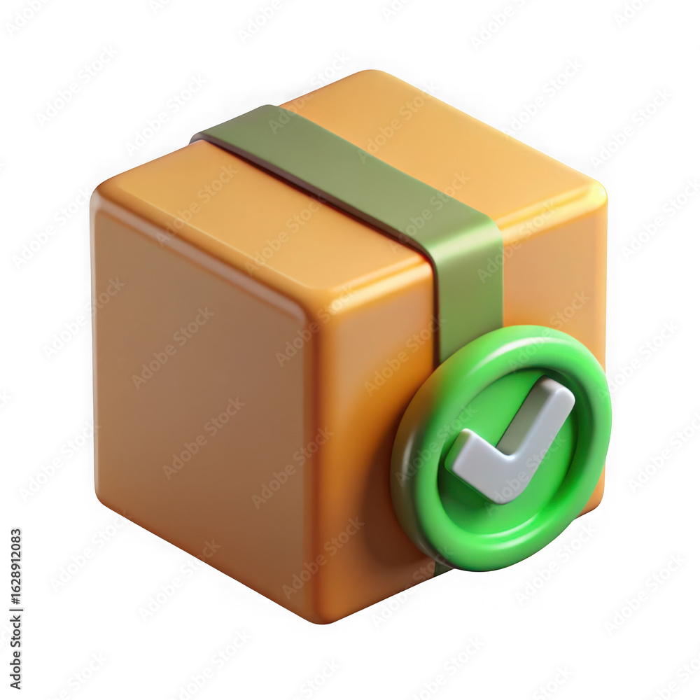 Poster 3d cardboard box with green check mark seal isolated on transparent background