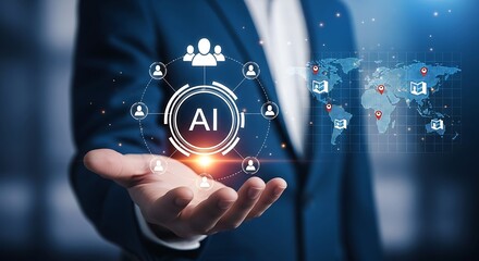Businessman holding ai technology with global network and people icons