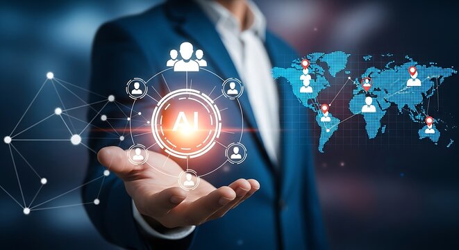 Business professional holding a global network of people and connections - Powered by Adobe