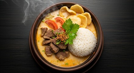 Indonesian Soto Betawi Soup with Coconut Broth and Rice
