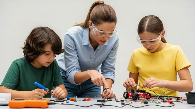 A teacher guides two young students as they work together on a robotics project focusing on building and wiring