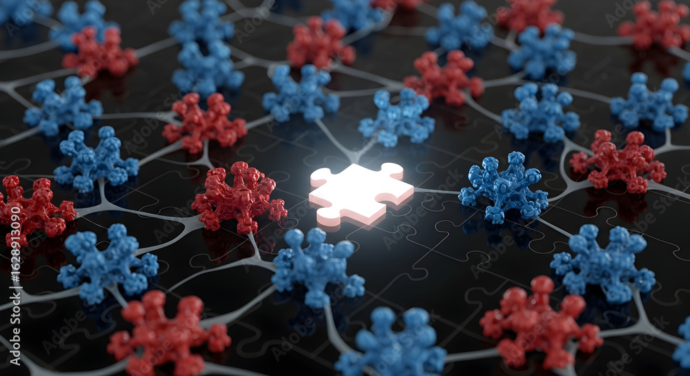 Poster unique puzzle piece stands out in a network of connected elements