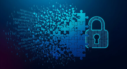 Gembok teka-teki - Data Security Concept with Padlock and Puzzle Pieces Digital Protection