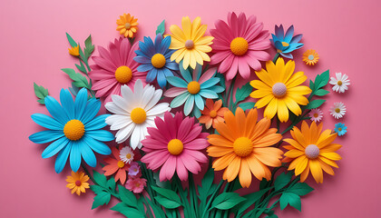 Fototapeta premium Vibrant Paper Flower Bouquet on Pink Background 2.